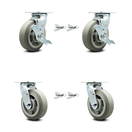 Service Caster 6 Inch Thermoplastic Rubber Caster Set with Roller Bearing 4 Swivel Lock 2 Brake SCC-30CS620-TPRRF-TLB-BSL-2-BSL-2